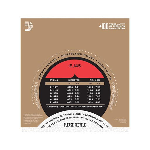 Bộ dây đàn Guitar Classic/ Classical Guitar String Set - D'Addario EJ45 - Pro-Arte Nylon Core, Normal Tension, Silverplated Wound, Clear Nylon - Hàng chính hãng