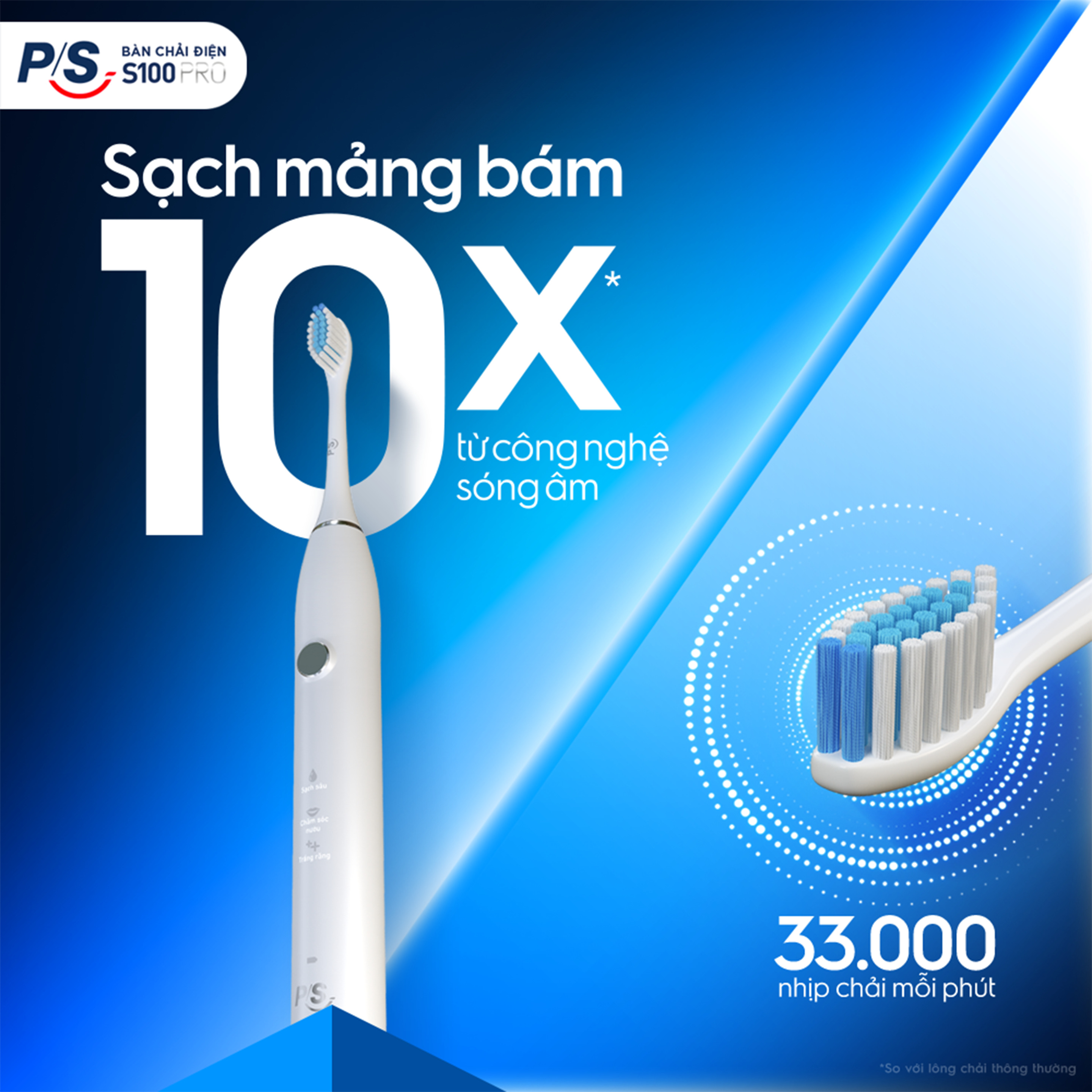 Hình ảnh [Nhập Coupon giảm ngay 50K]Bàn Chải Điện P/S S100 PRO - Công Nghệ Sóng Âm, Chải Sạch Mảng Bám Tới 10X - Trắng Sáng