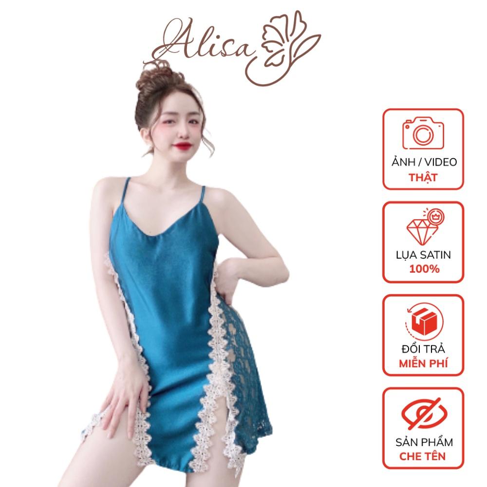 Váy ngủ sexy 2 dây xẻ đùi phối ren eo ALISA, vải lụa satin, kèm quần đùi, freesize 40-65kg tùy chiều cao