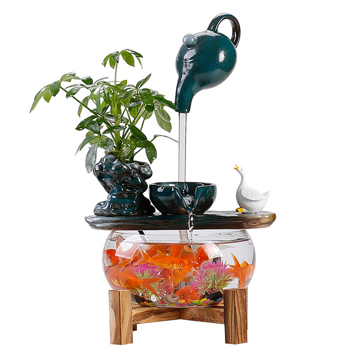 Bể cá nước chảy để bàn - Bể cá phong thủy mini nhập khẩu nguyên chiếc - Bể cá hình tròn nước chảy