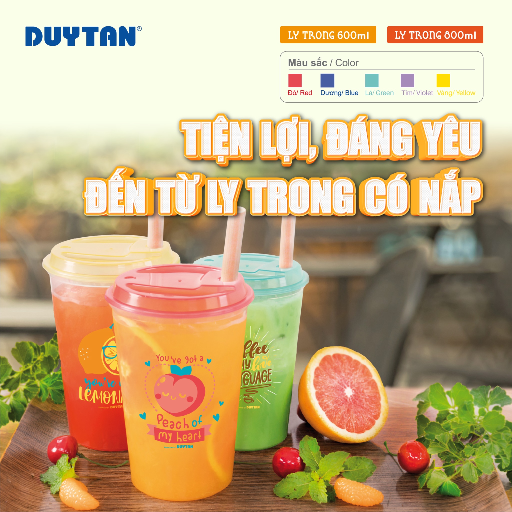 Combo 5 Ly Nhựa Trong DUY TÂN 600ml - 800ml | Có Nắp Cắm Ống Hút - Nắp Đậy An Toàn (Giao màu ngẫu nhiên)