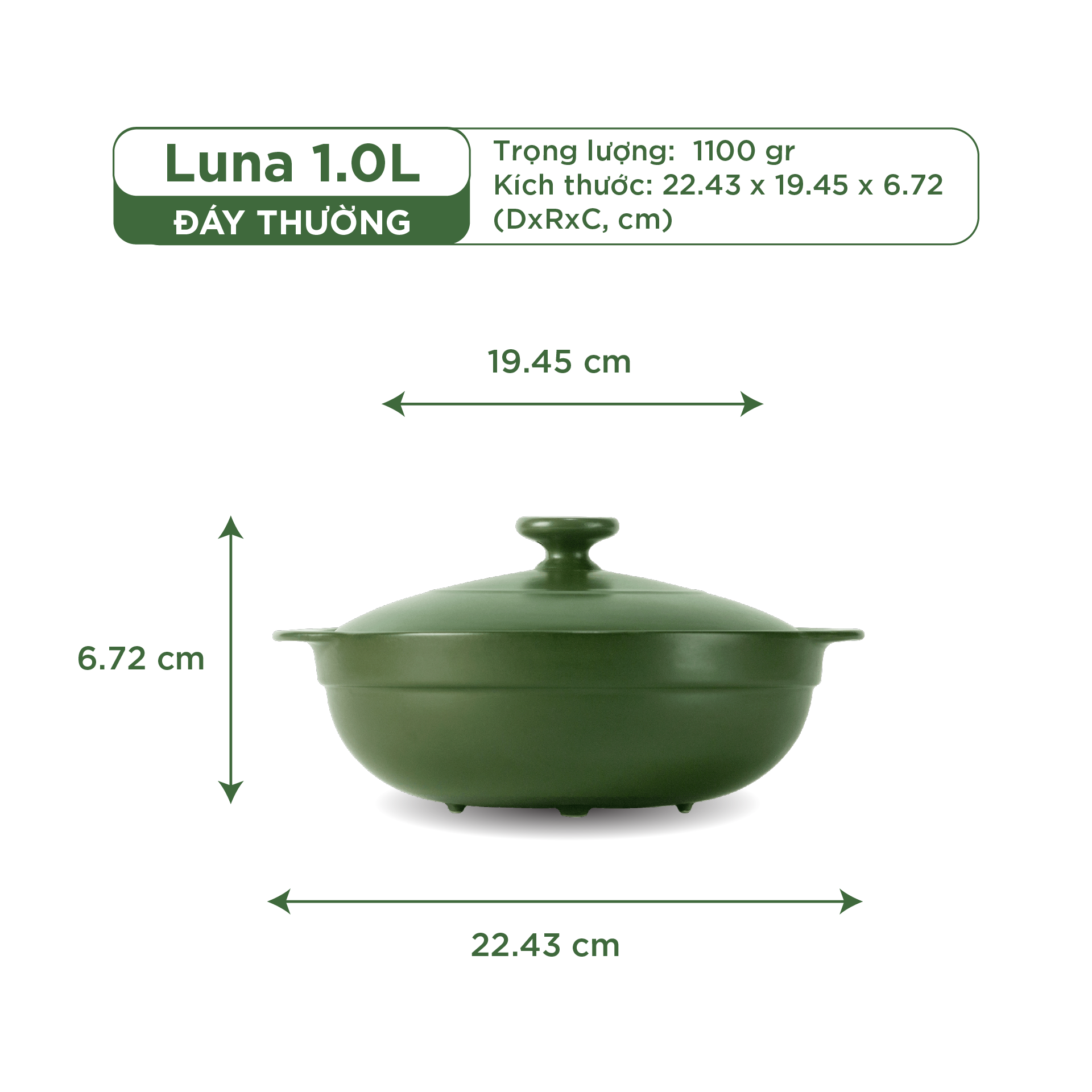 Nồi Sứ Dưỡng Sinh Minh Long Healthy Cook Luna 1.0 L - Dùng Cho Bếp Gas, Bếp Hồng Ngoại