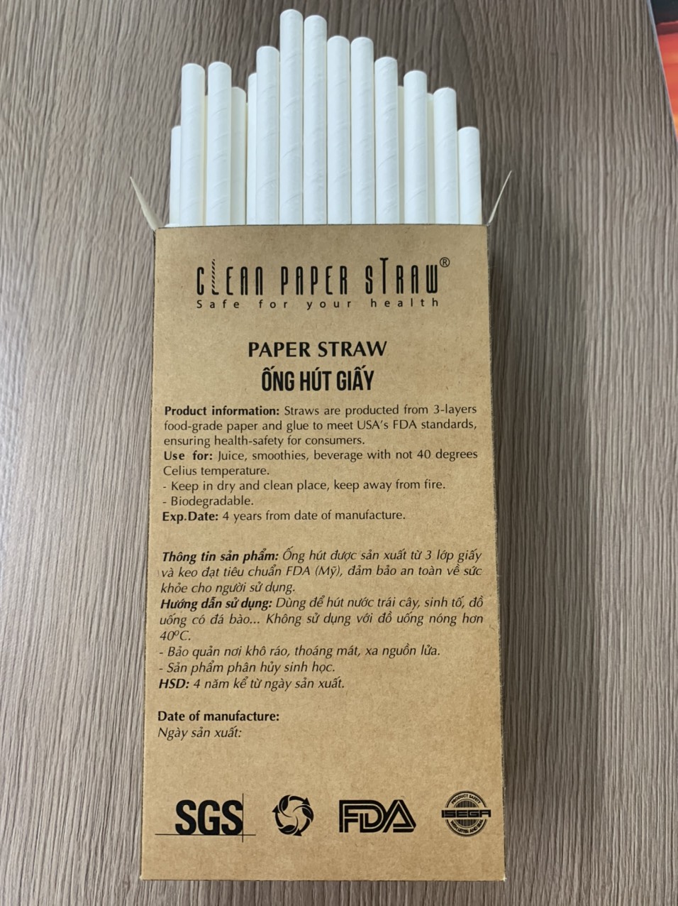 Ống hút giấy cao cấp 8mm x 197mm Clean Paper Straw màu trắng kích thước  hộp 100 ống