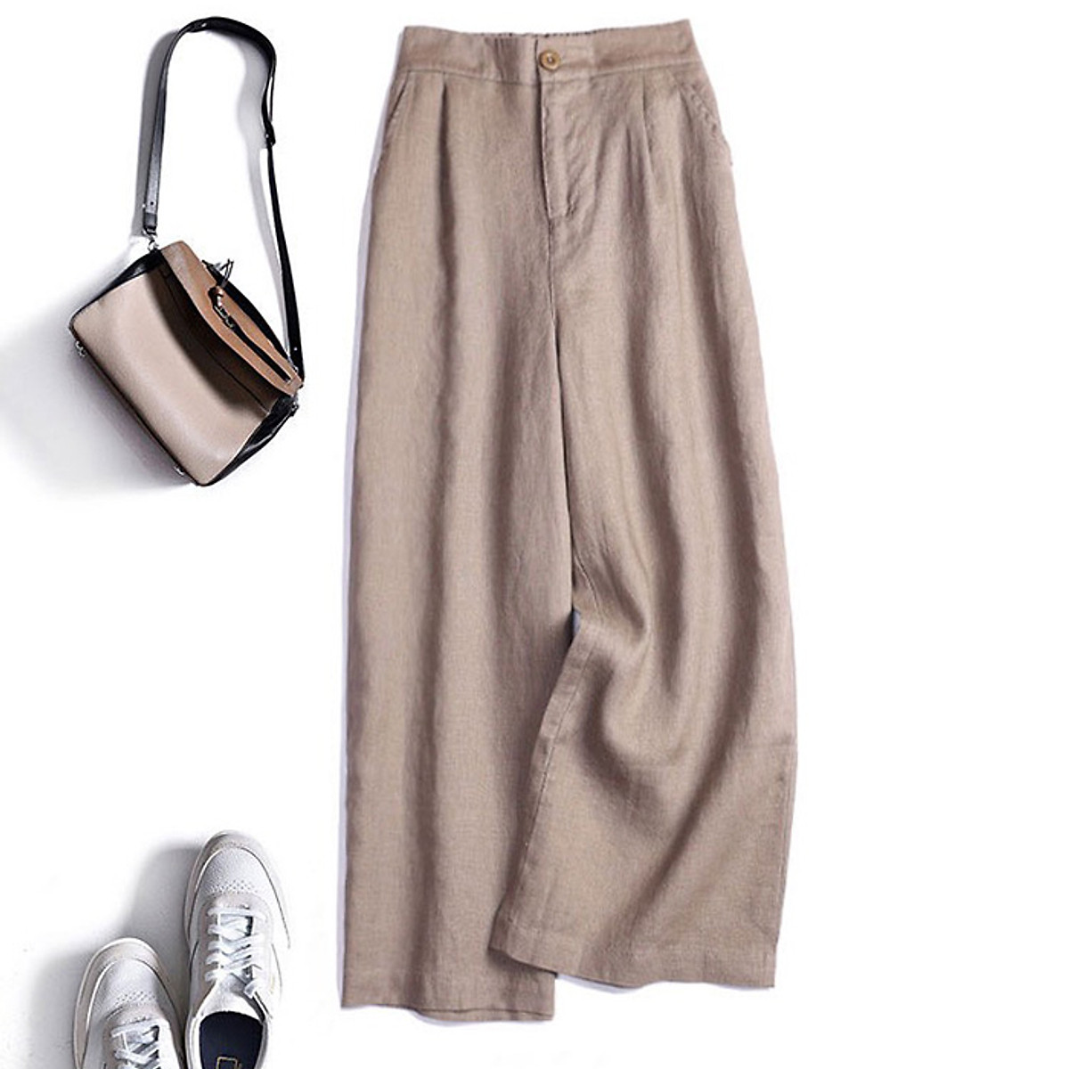 Quần ống rộng Linen bột Premium 5 màu lựa chọn Đen, Trắng, Be nhạt, Be sẫm, Hồng – be đậm – XL