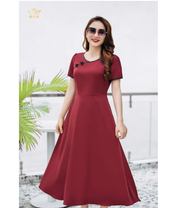 Maxi thời trang trung niên thiết kế Cổ tròn tay ngắn TTV Store TTV1177 Đỏ đô sang trọng