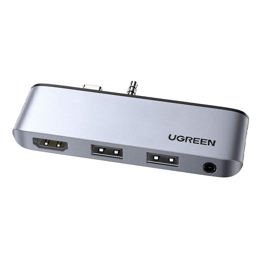 bộ chuyển Usb type C ra 2 x usb A 3.0 hub + 4K HDMI + 3.5mm audio Ugreen 349SF80332CM 4 trong 1 Surface Go 1-2 màu xám hàng chính hãng