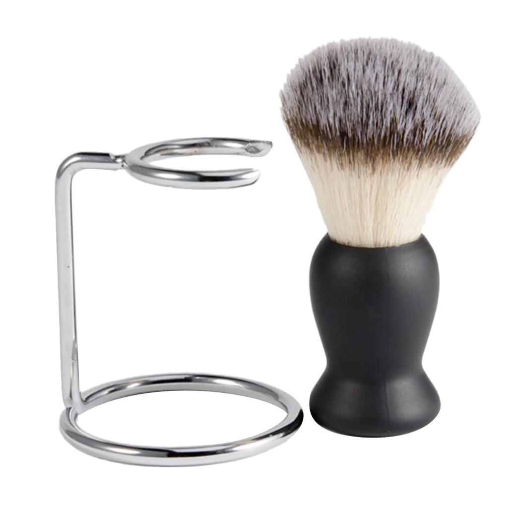 2 In1 Black Handle Shaving Brush With Iron Alloy Stand Holder Beard Cleaning