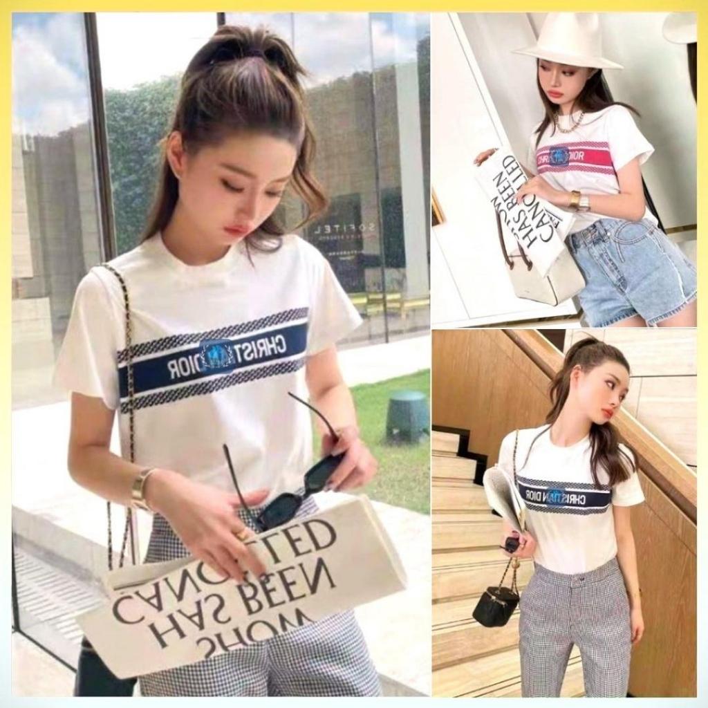 Áo len nữ Montoghi dệt kim Quảng Châu CỔ TRÒN cộc tay PHỐI CHỮ NGANG thanh lịch và xinh xắn