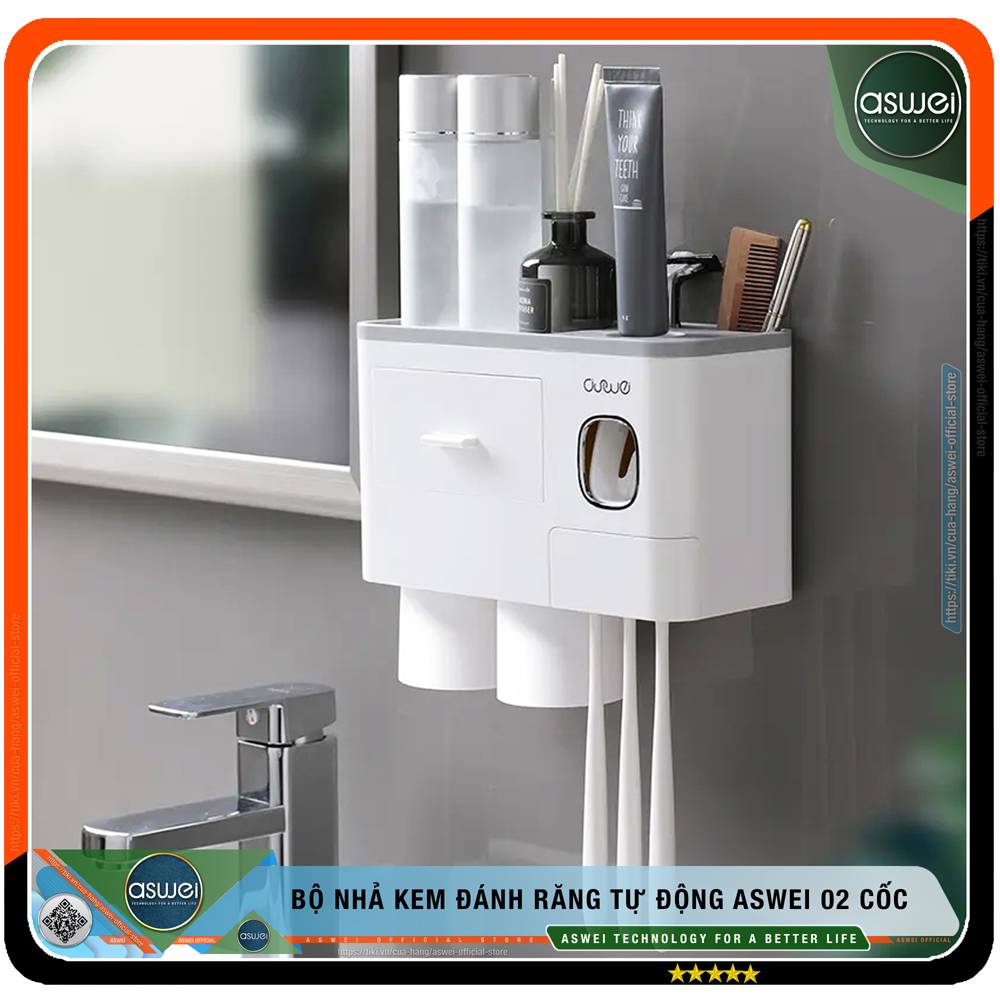 Bộ Nhả Kem Đánh Răng Tự Động ASWEI 2,3,4 Cốc - Chất Liệu Nhựa ABS Cao Cấp - Kệ Để Đồ Nhà Tắm ASWEI Tích Hợp Giá Treo Bàn Chải Đánh Răng Và Cốc - Kệ Nhà Tắm ASWEI - Hàng Chính Hãng