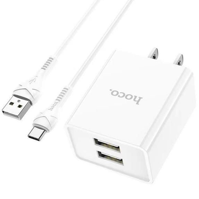 Bộ sạc 2.1A Hoco C89 chân dẹt 2 cổng USB kèm dây Type-C dài 1M cho Android - Hàng chính hãng