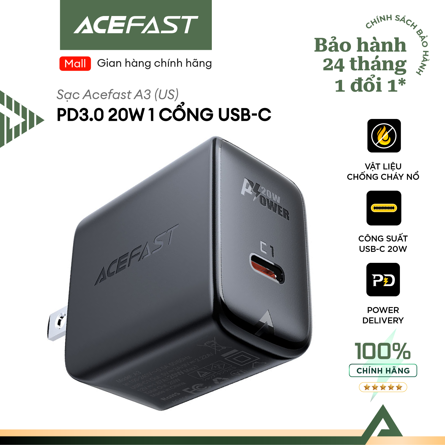 Sạc Acefast PD3.0 20W 1 cổng USB-C (US) - A3 Hàng chính hãng Acefast
