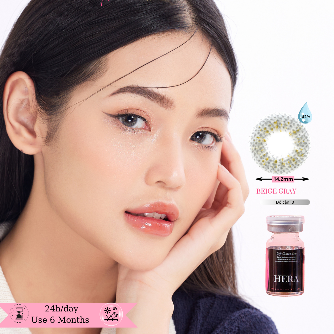 Kính Áp Tròng Hera Xám Be Vân Nổi Không Độ BEIGE GRAY Nhập Khẩu Hàn Quốc Lens Không Cận 6 Tháng