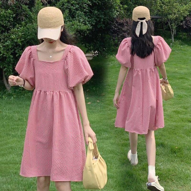 Váy babydoll kẻ cổ vuông tay bồng