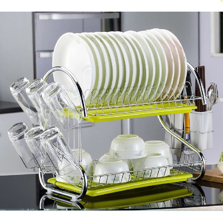 Kệ Úp Bát Chén Đĩa Inox 2 Tầng Kệ Inox Úp Cốc, Để Bát Đĩa Khô Ráo Có Đĩa Hứng Nước Bên Dưới