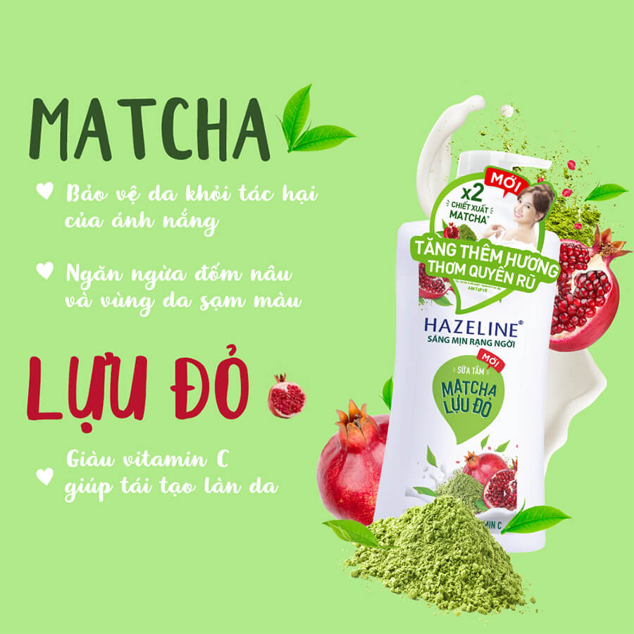 Sữa tắm Hazeline Dưỡng Thể Trắng Sáng & Mịn Da Từ Thiên Nhiên Matcha Lựu Đỏ 800G