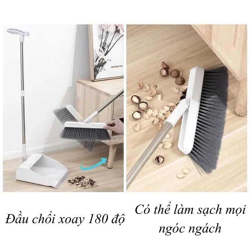 Chổi nhựa quét nhà thông minh cán inox xoay 180 độ 2in1 kèm hót rác cán dài gấp gọn tiện dụng