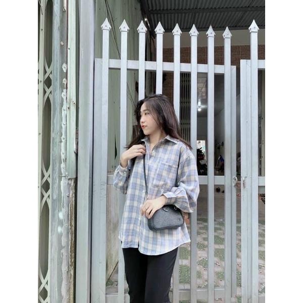 Áo sơ mi caro xanh hồng mới form rộng tay cánh dơi Lovi