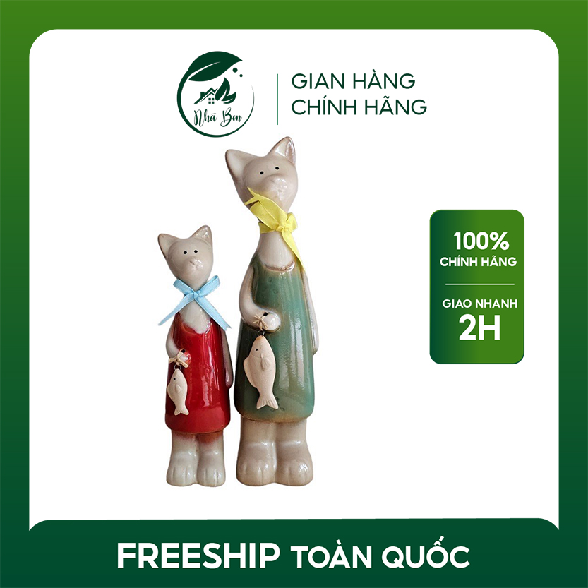 Set 2 Tượng Gốm Thủ Công Hình Mèo Lớn Và Mèo Nhỏ Cầm Cá