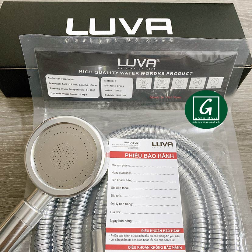 Combo vòi hoa sen Luva VS3 kèm dây sen Luva dài 1.5m, lõi đồng, inox 304, BH 1 năm đổi lỗi 30 ngày