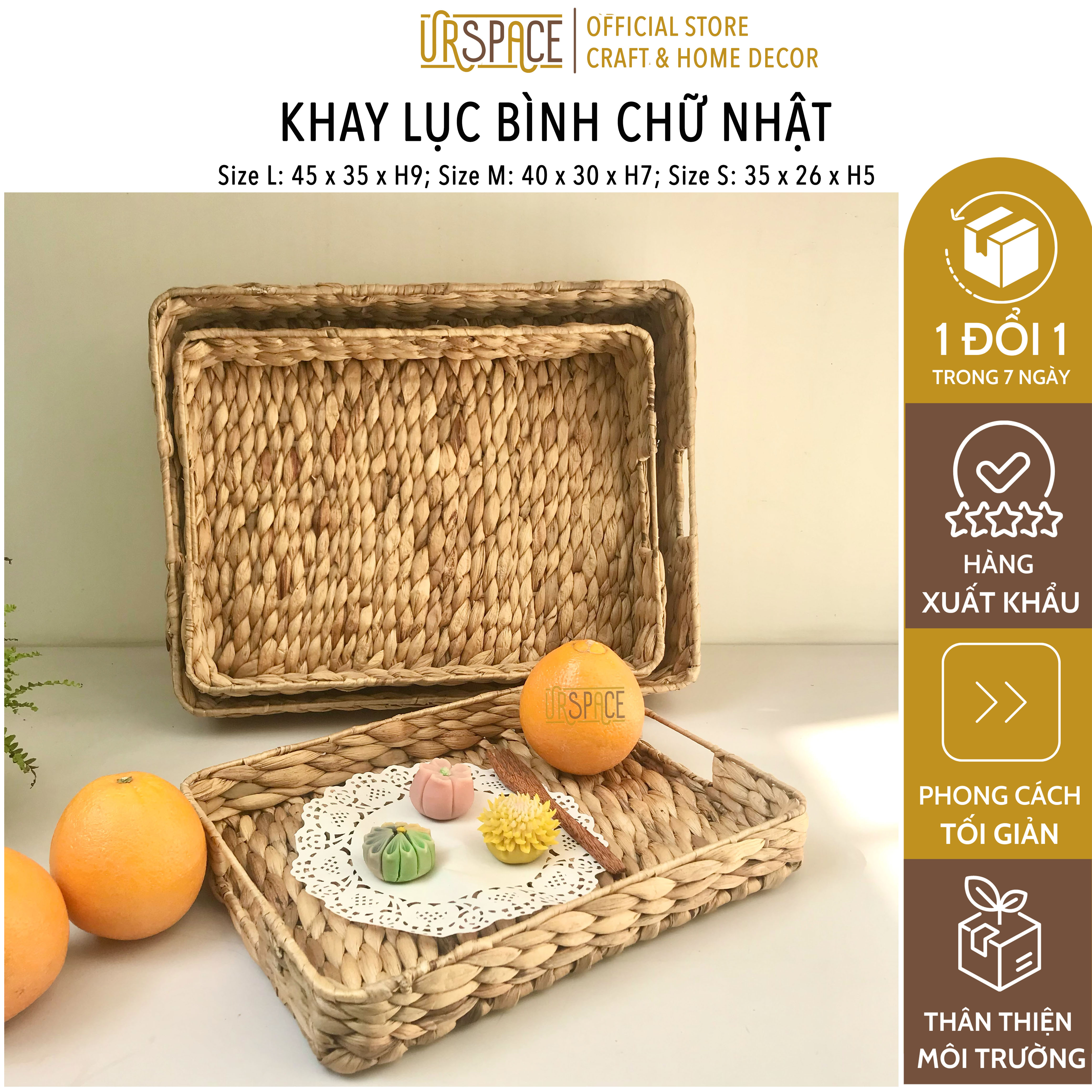 Khay lục bình chữ nhật URSPACE trang trí decor bánh, đựng trái cây / RECTANGLE HYACINTH TRAY