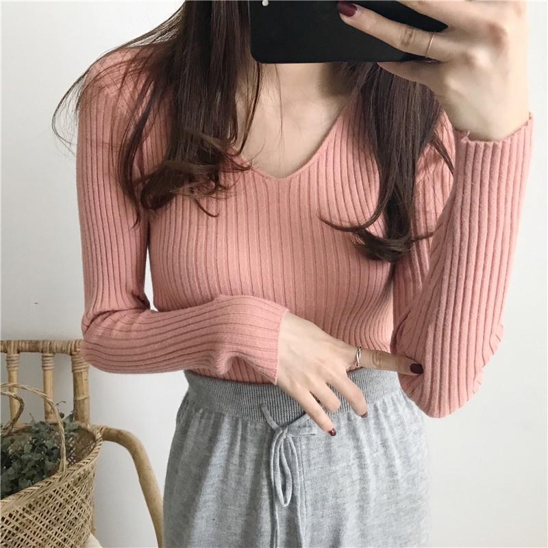Áo len tăm cổ tim V nữ mềm mịn co giãn nhiều màu dễ phối đồ hàng Quảng Châu loại 1 AL02
