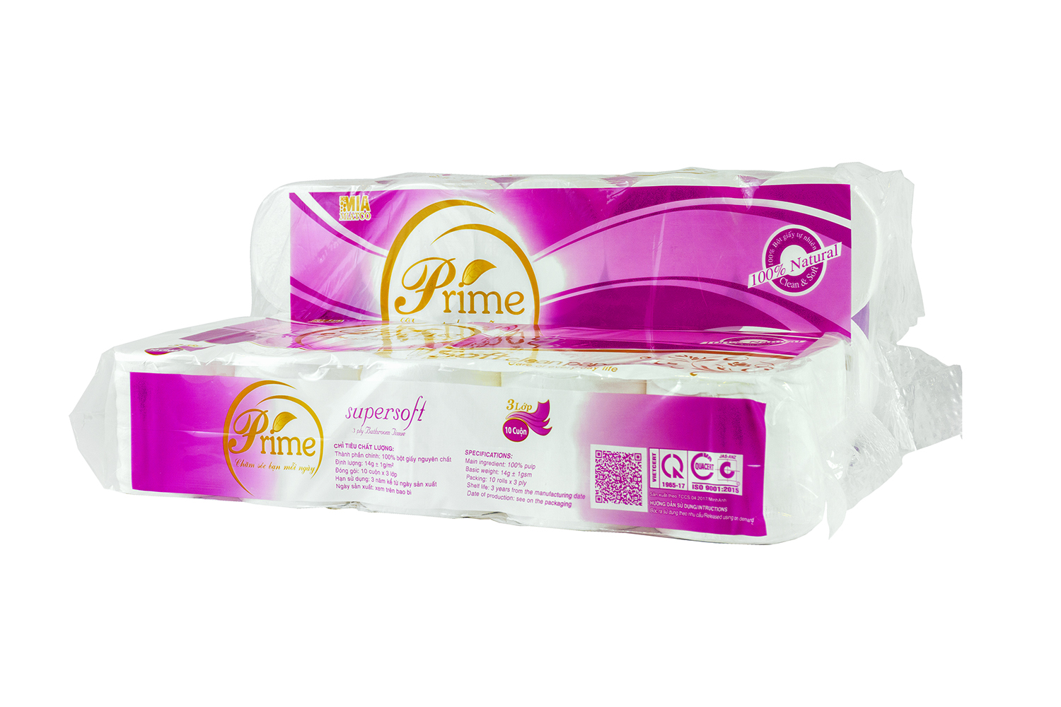 GIẤY VỆ SINH 3 LỚP PRIME (1,5KG) KHÔNG LÕI - COMBO 2 DÂY MÀNG TÍM