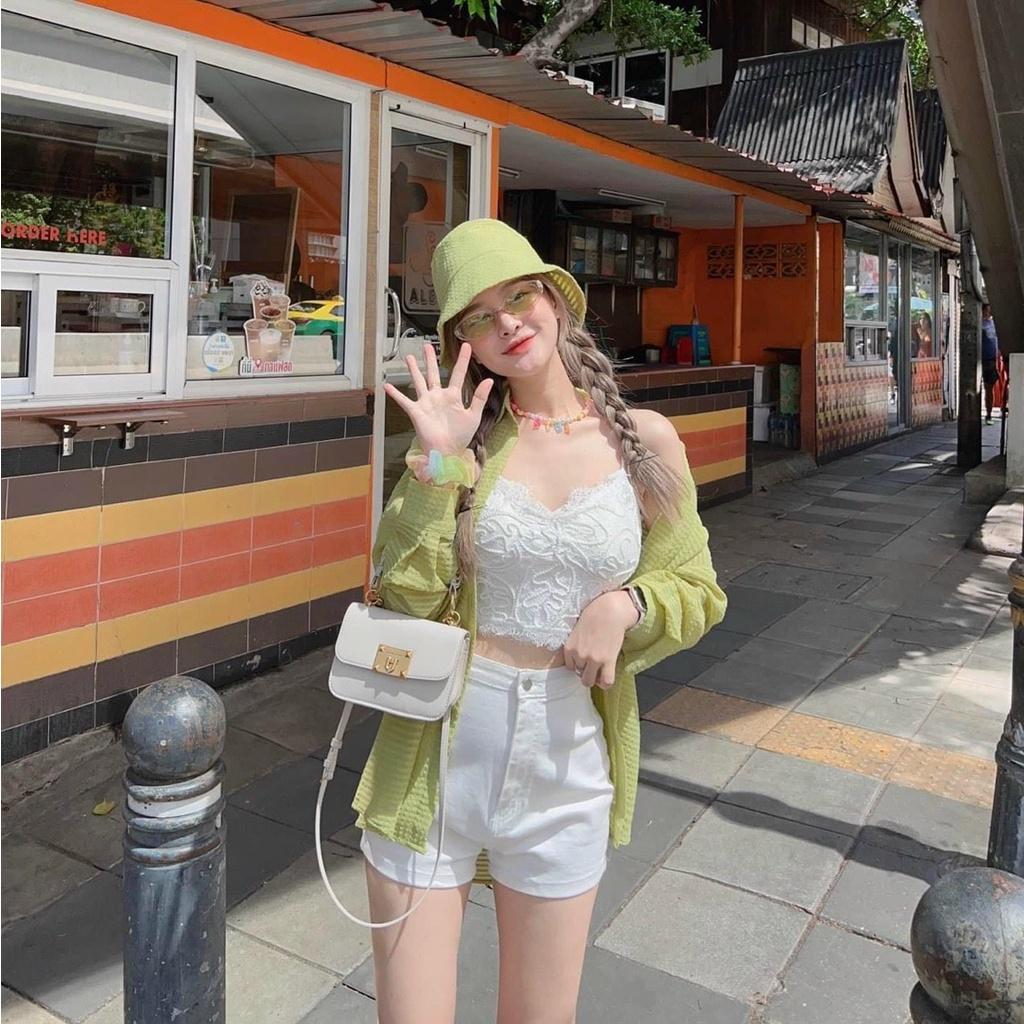 Sét 3 món áo sơmi phom dài + áo bra ren và quần sooc ngắn