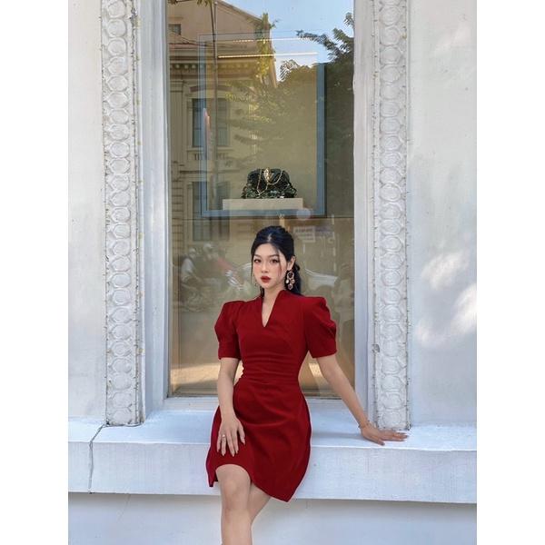 Đầm nhung cổ tim tay bồng nữ tính- Lily dress