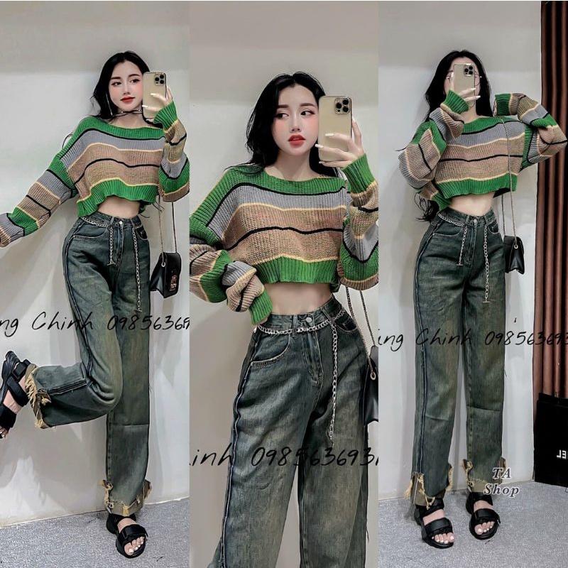 Áo Len phối kẻ xanh dáng croptop dài tay cá tính