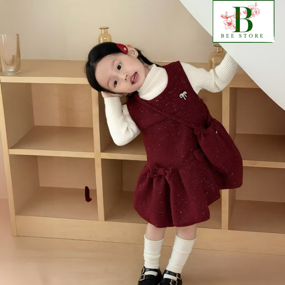 Set Đầm Nhung Đính Đá Bé Gái &amp; Túi Đeo Tone Đỏ Từ 12-33kg Dành Cho Bé Gái