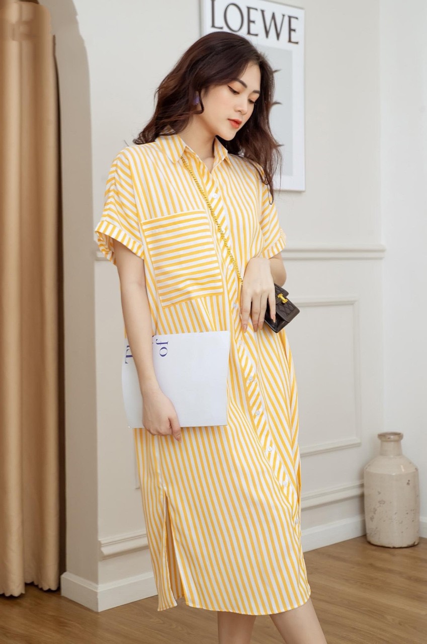 ĐẦM SƠ MI SUÔNG SỌC VÀNG G..U CHẤT KATE - Không Nhăn , Không Nhàu , Thoáng Mát
