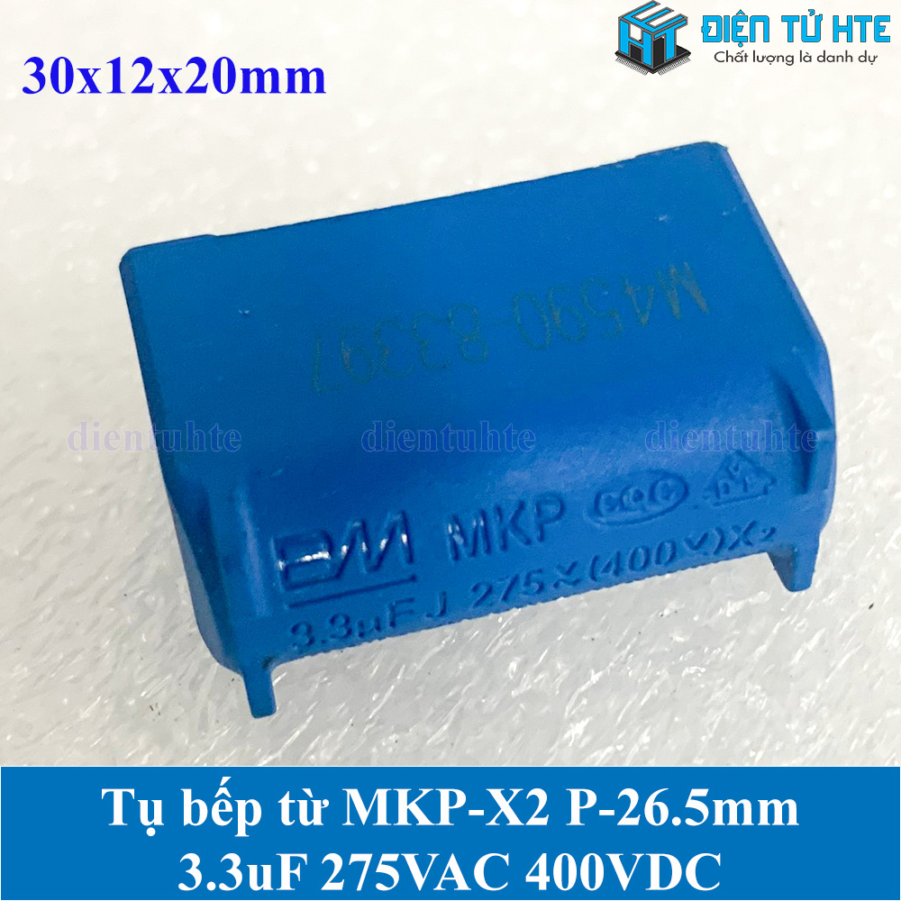 Tụ bếp từ MKP-X2 3.3uF 275VAC 400VDC pitch 26.5mm Xanh dương size 30x12x20mm