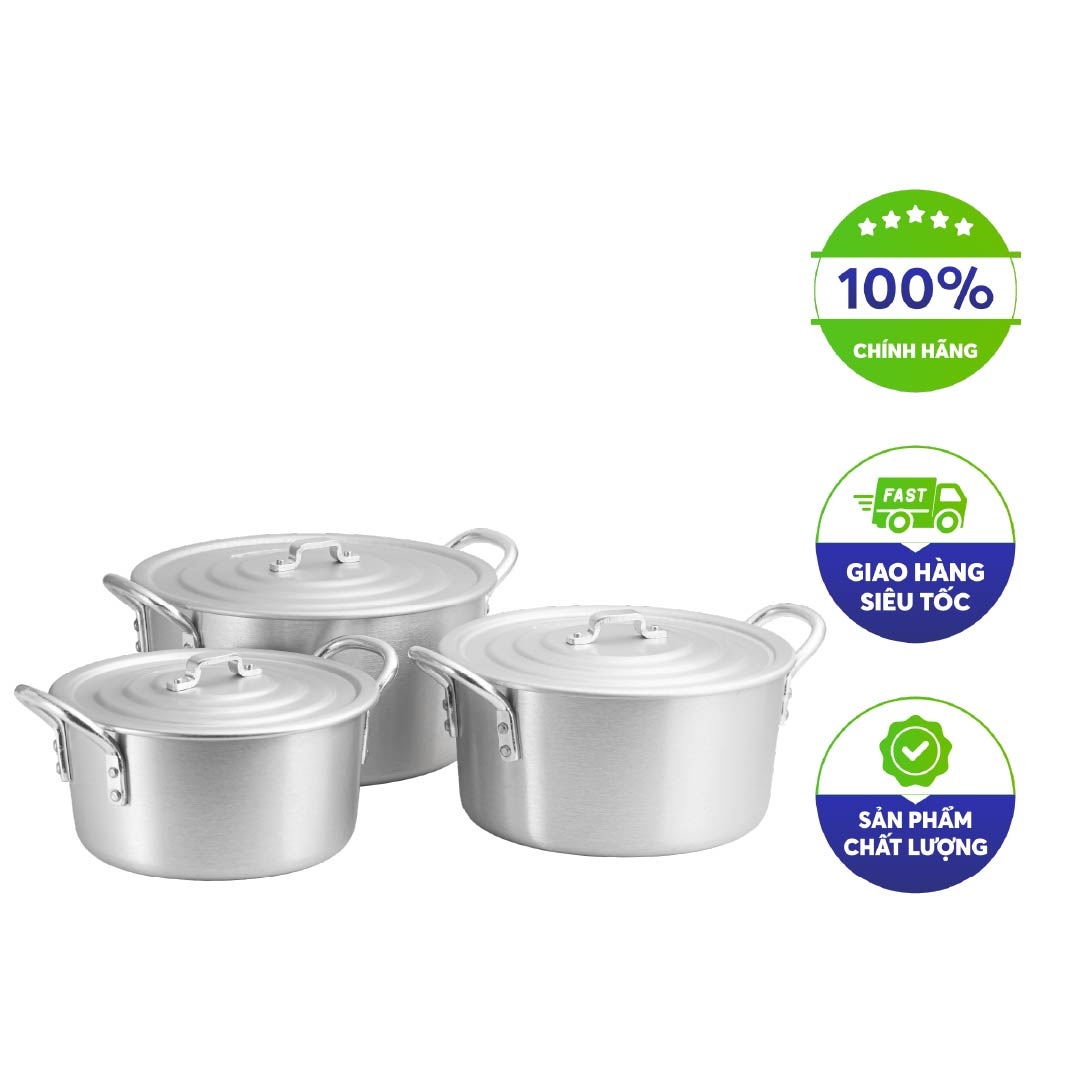 Bộ 3 Nồi Nhôm Kim Hằng ĐB Quai Tròn Xi Bóng T3 Nhỏ 16-18-20