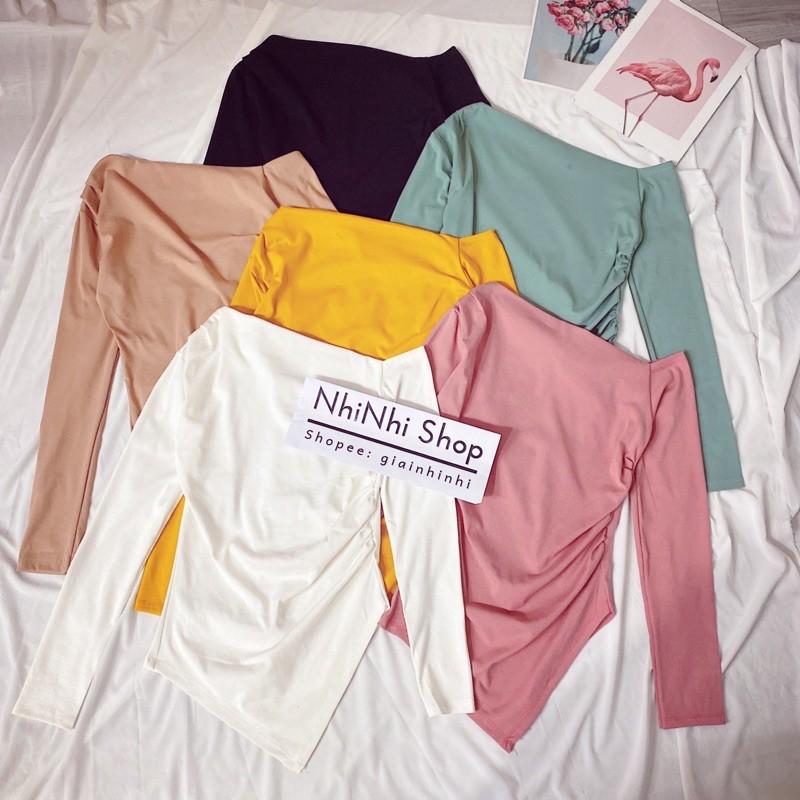 Áo thun lệch vai zúm eo vạt nhọn, Áo kiểu vạt nhọn dài tay vải conton co giãn AT1522 - NhiNhi Shop