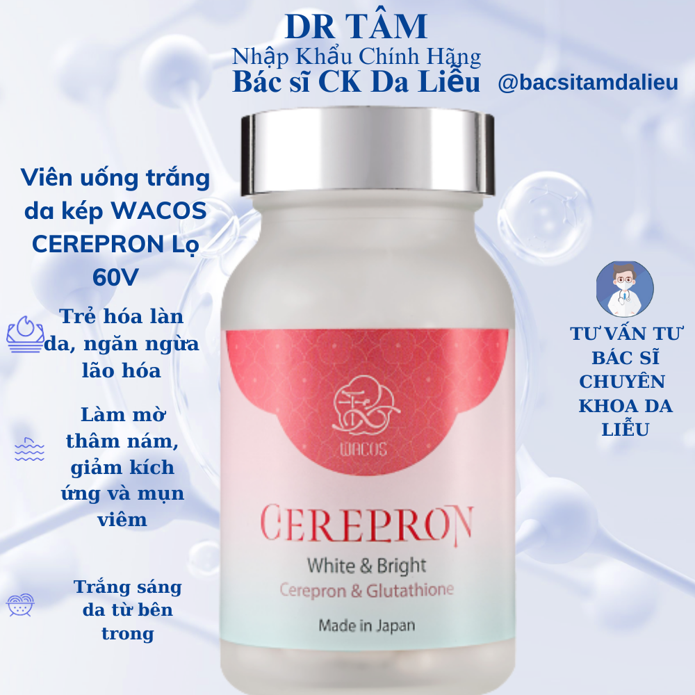 Viên uống trắng da kép WACOS CEREPRON Lọ 60 viên Làm da trắng sáng từ bên trong, mờ thâm nám, tàn nhang ngăn ngừa lão hóa, giảm nếp nhăn, chảy xệ