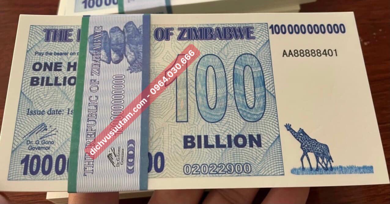 Tờ 100 triệu dollars Zimbabwe lưu niệm phát tài, bảo an cực tím phát quang đẹp