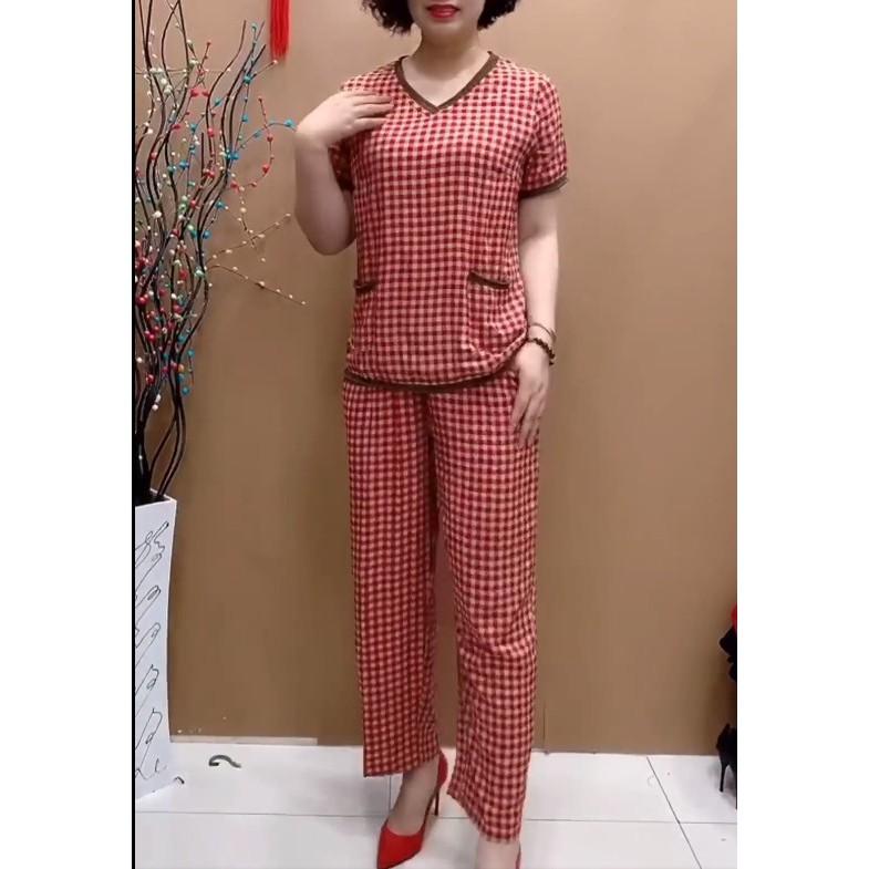 Set đồ kẻ caro cổ tim 3 màu quần dài ống suông xinh xắn
