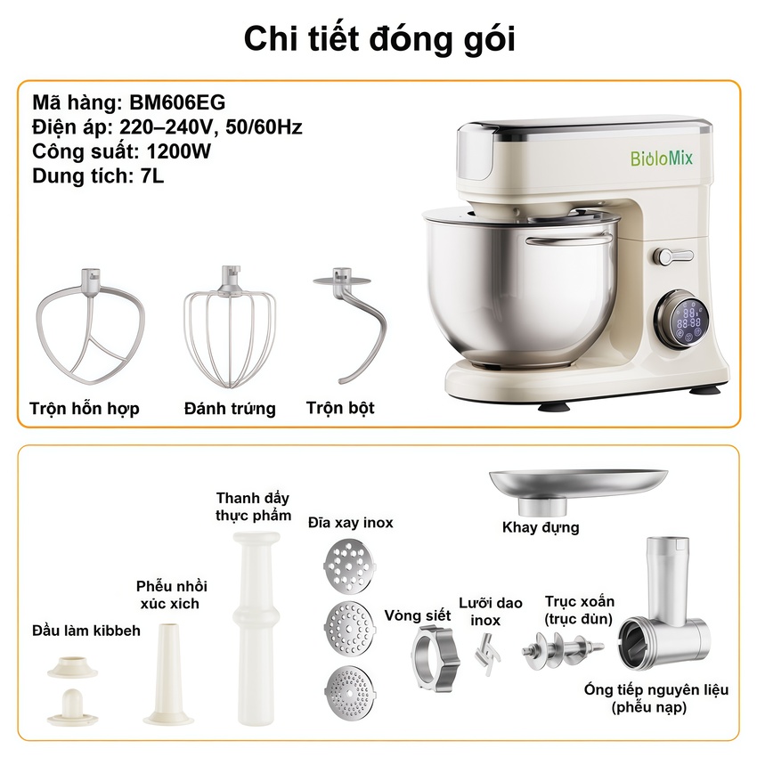 Máy trộn bột, xay thịt, nhồi xúc xích 6 trong 1 thương hiệu Mỹ cao cấp Biolomix BM606EG - Hàng Chính Hãng