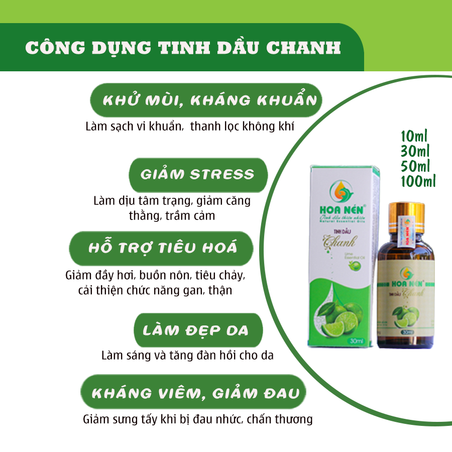 Tinh dầu chanh nguyên chất 10ml - 100ml - Hoa Nén - Thư giãn, thơm phòng, thanh lọc không khí