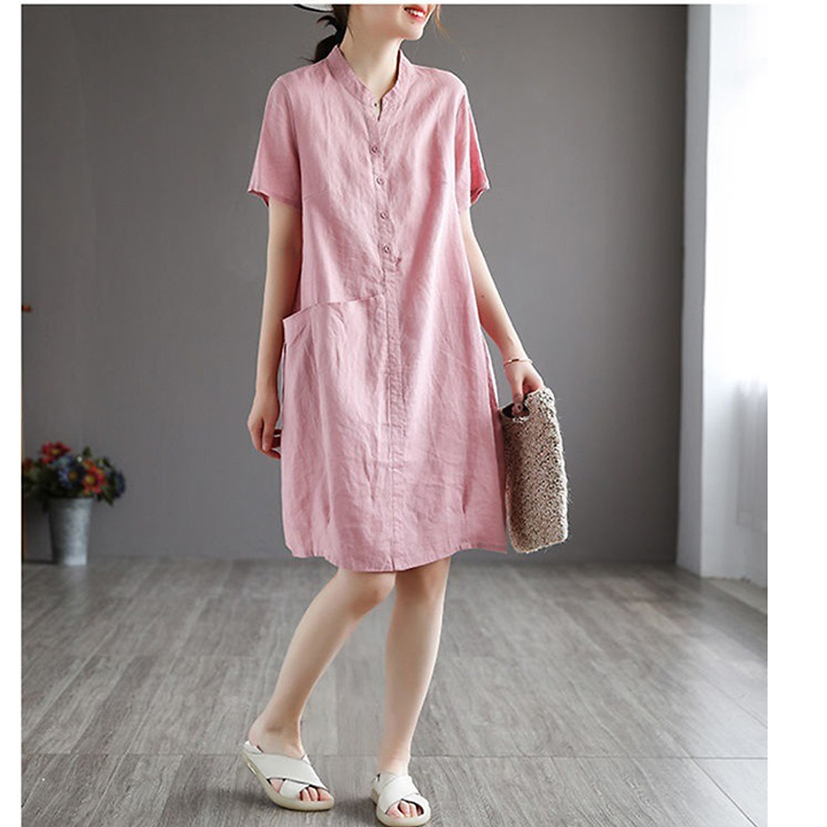 Đầm suông Linen bột Premium tay cộc cổ trụ túi chéo