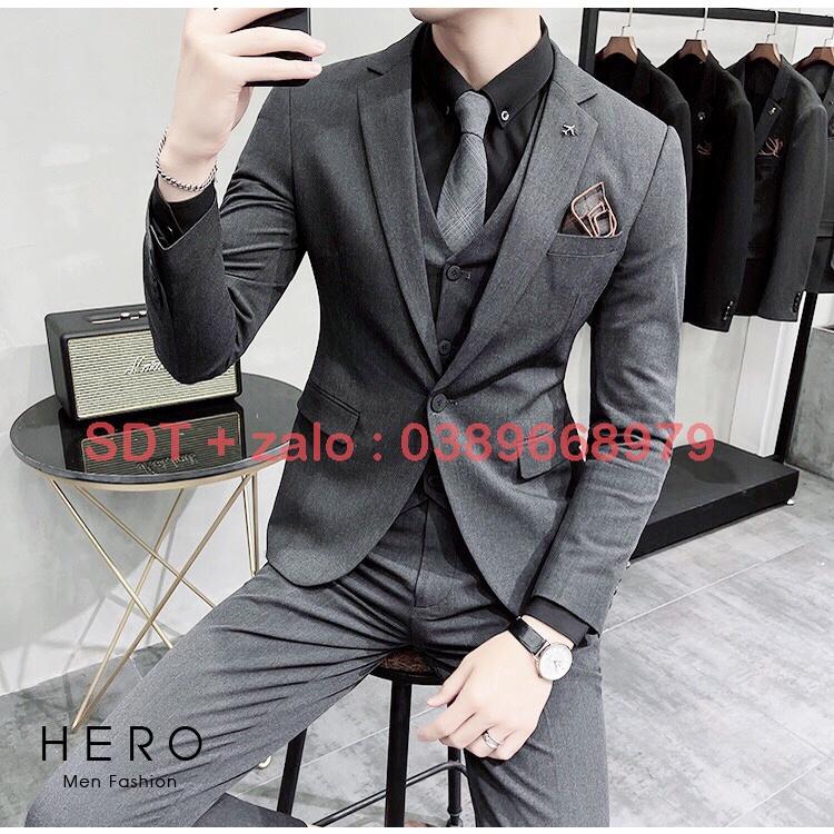 Bộ vest Nam Hàn Quốc màu ghi xám , Bộ suit nam trẻ trung dáng ôm chất vải sịn