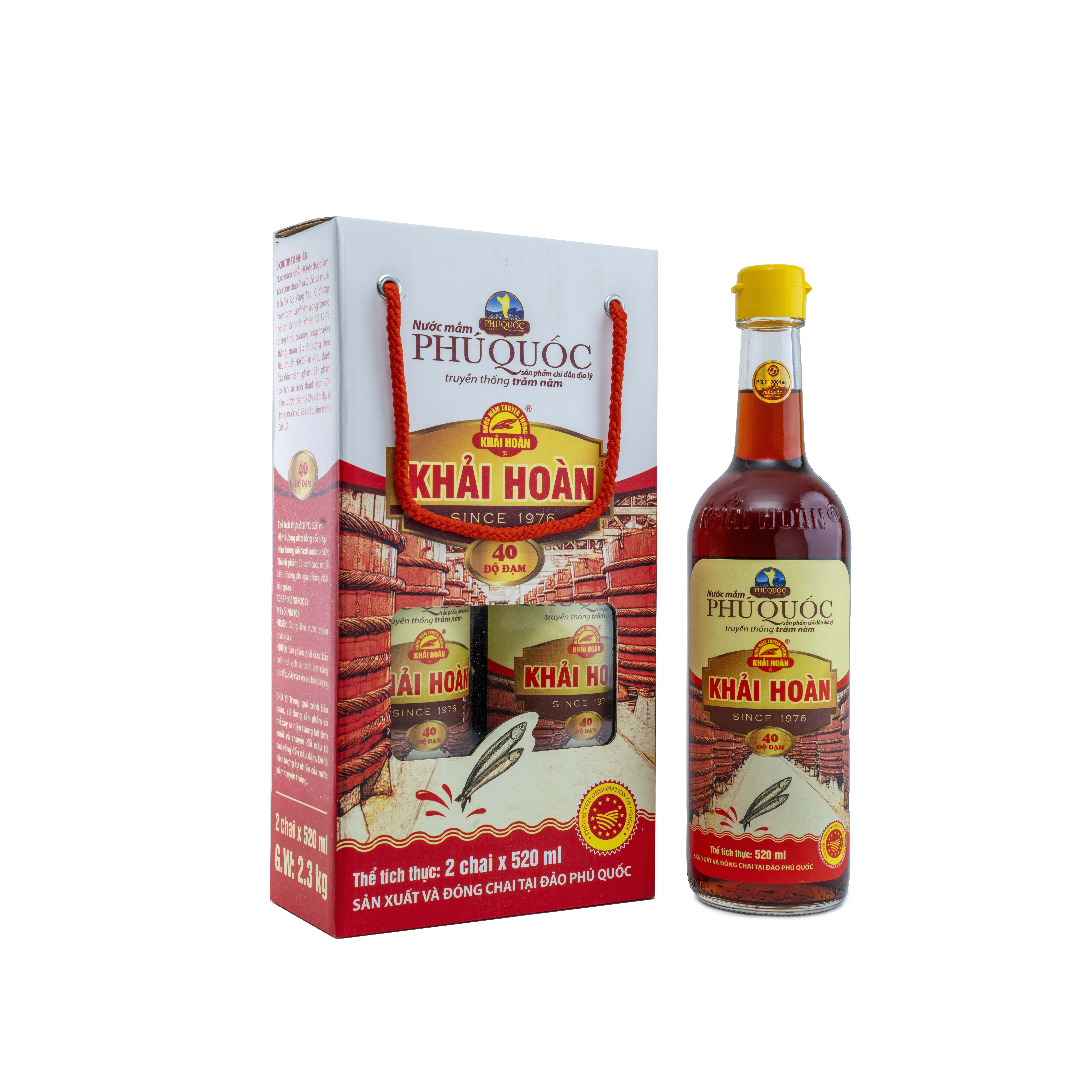 Đặc Sản Phú Quốc - Hộp 2 Chai Thủy Tinh Nước Mắm Phú Quốc Khải Hoàn 40 Độ Đạm - Ocop 5 Sao
