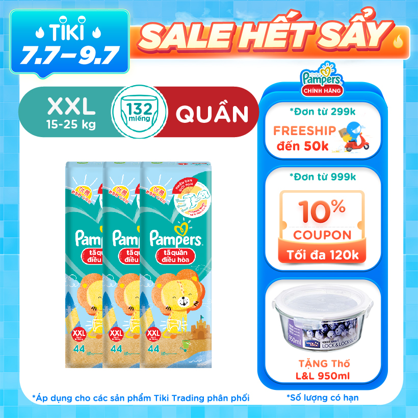 Combo 3 Tã Quần Pampers Điều Hoà XXL44 - Tặng Hủ L&amp;L 950ml