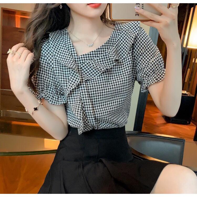 Áo Kiểu Cổ Xéo Phối Bèo Tay Phồng Chất Liệu Kate Xốp
