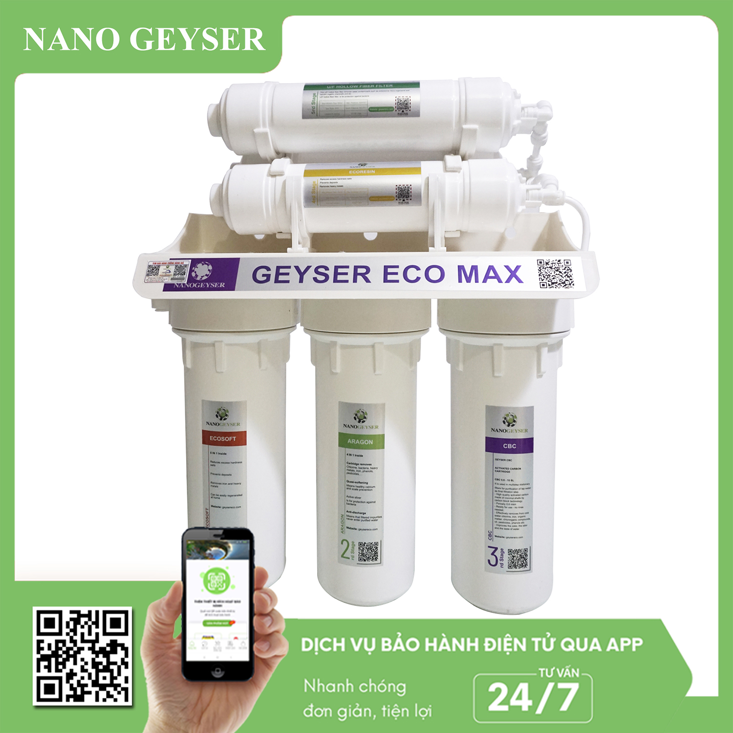 Máy lọc nước Nano Geyser ECO MAX 6 cấp công nghệ lọc kép Nano + UF - Hàng Chính Hãng