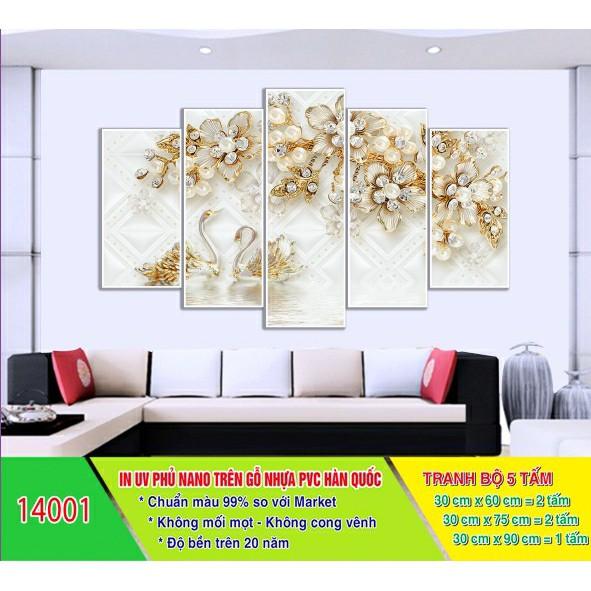 Tranh treo tường phòng khách Hoa đính đá 5 tấm/gỗ MDF chống ẩm mốc, mối mọt