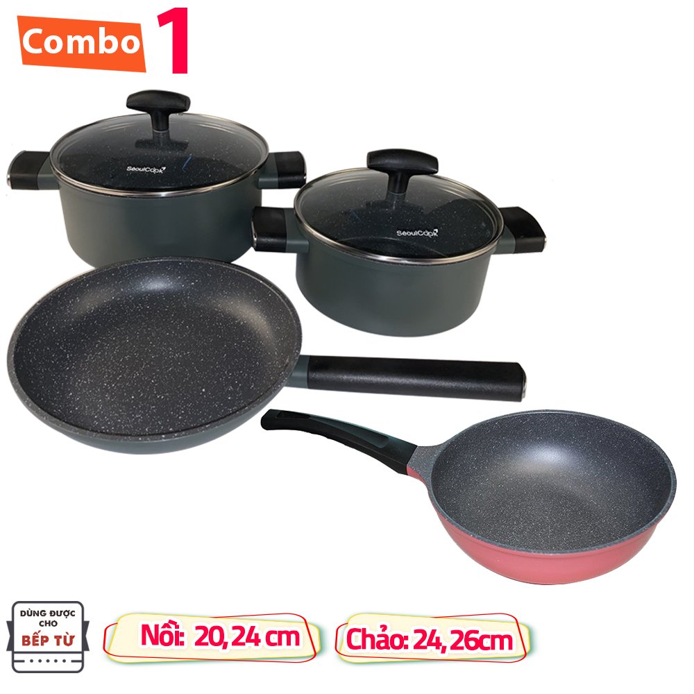 Combo C1 nồi 20cm + nồi 24cm + chảo cạn 24cm đáy từ Seoulcook Healthy cao cấp Hàn Quốc và chảo sâu lòng (E) 26 cm vân đá - Hàng chính hãng