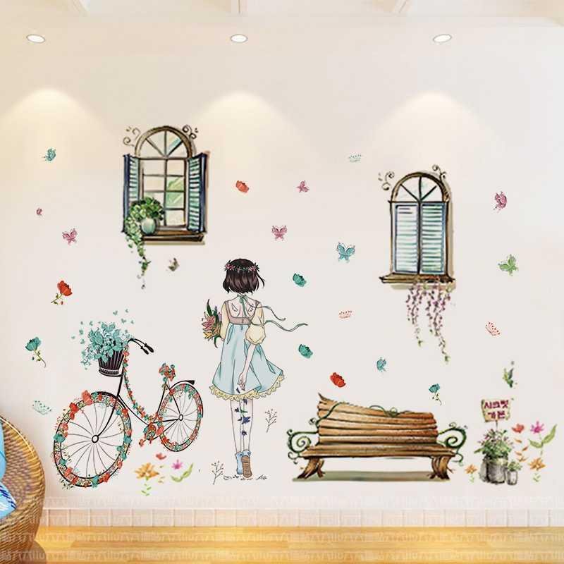 Decal dán tường cô gái thơ mộng bên khung cửa sổ