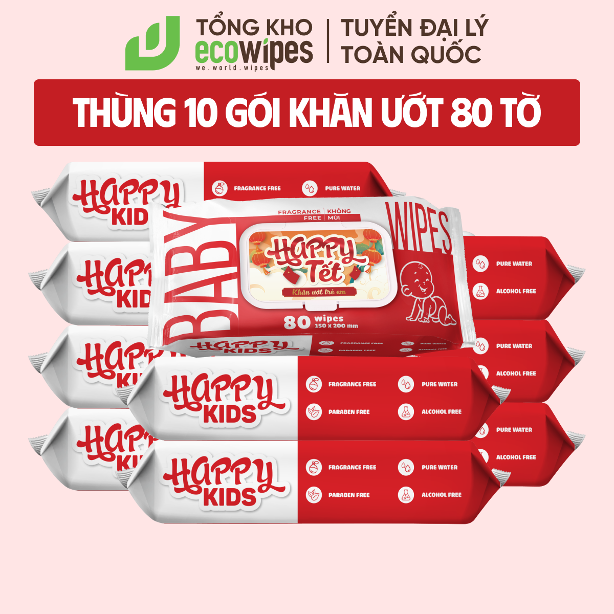 Thùng 10 gói khăn ướt quốc dân Happy Kids EcoWipes gói 80 tờ không mùi khăn ướt trẻ em siêu tiết kiệm