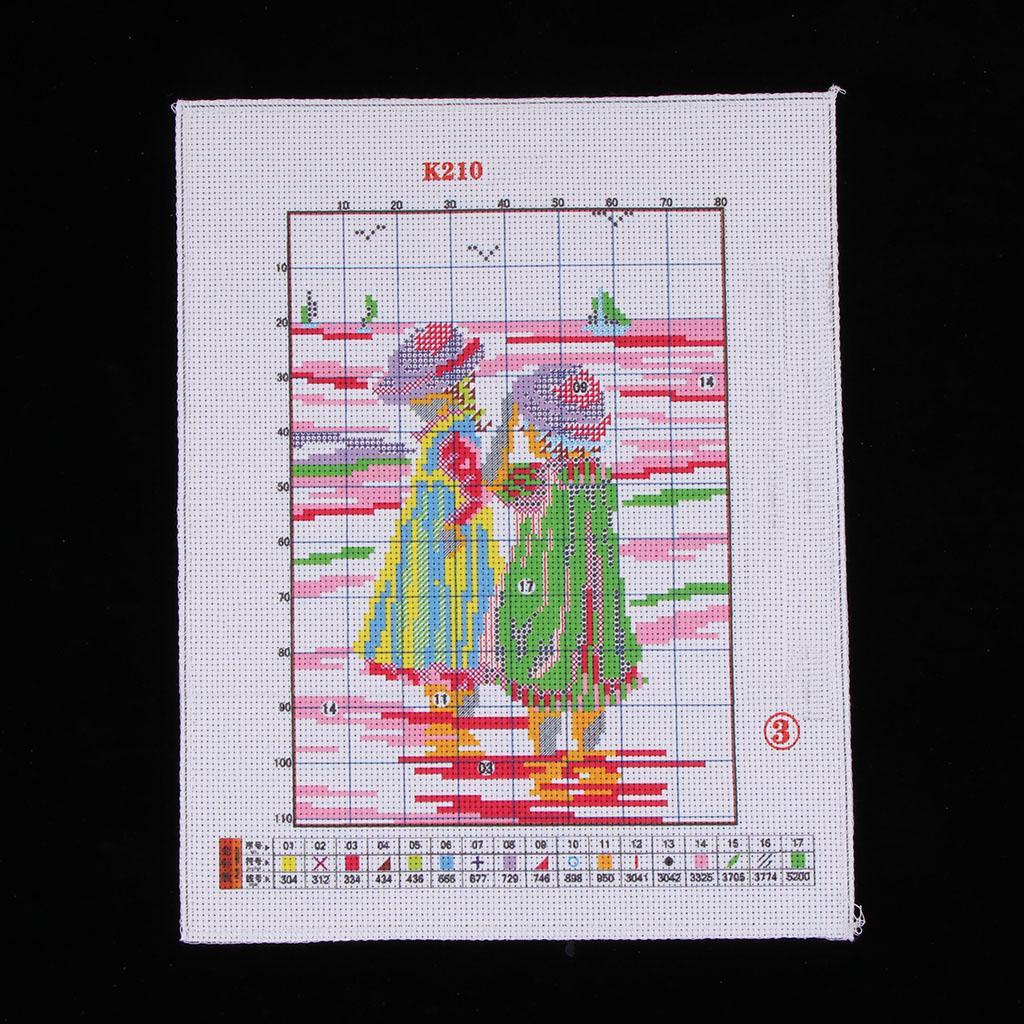 Stamped Cross Stitch Kit "Sisters on Beach" Patterns For Beginners 14CT